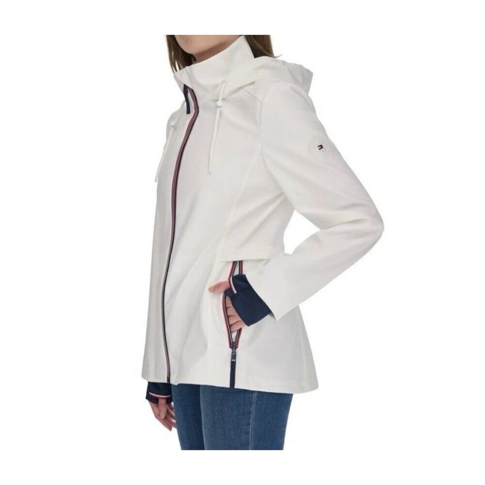 Tommy Hilfilger Women's Hooded Jacket Windbreaker White Pockets Sleeve Emb Sz L